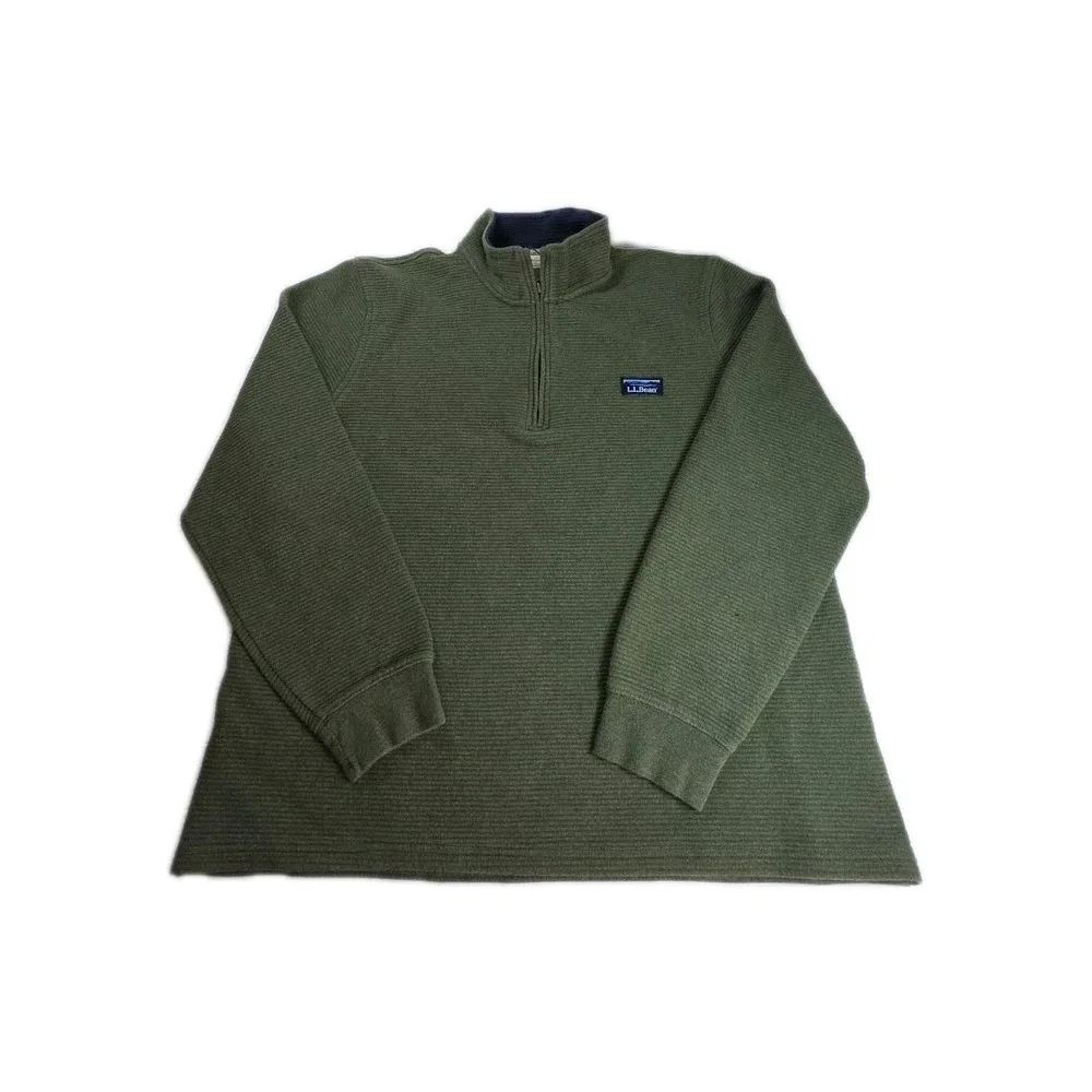 L.L.Bean Green 1/4 Zip Mock Neck Knit Pullover Sweatshirt Logo Men's L OLIVE GRE